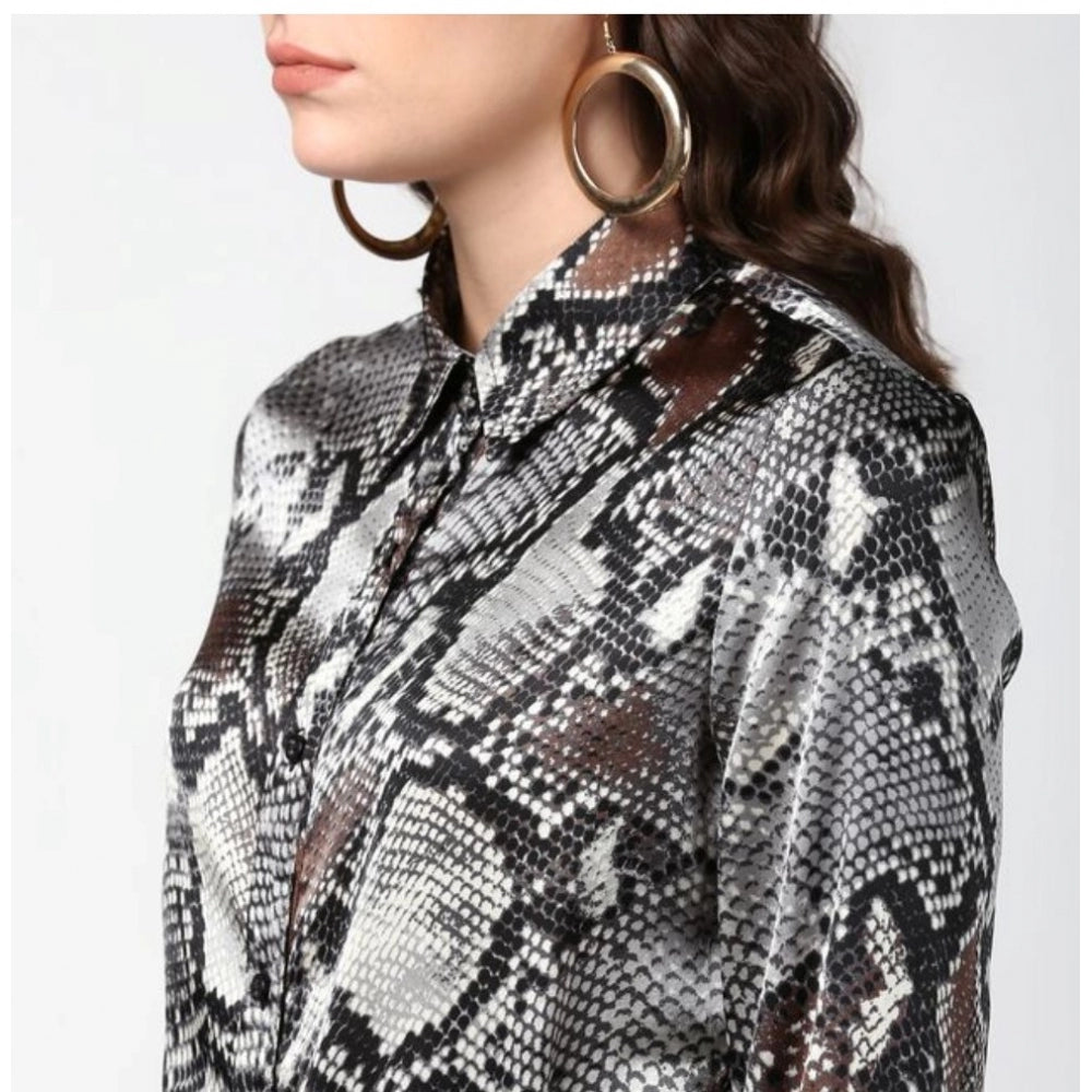 Clothiq Generic Satin Animal Print Long Sleeves Standard Length Shirt (Black - Grey)