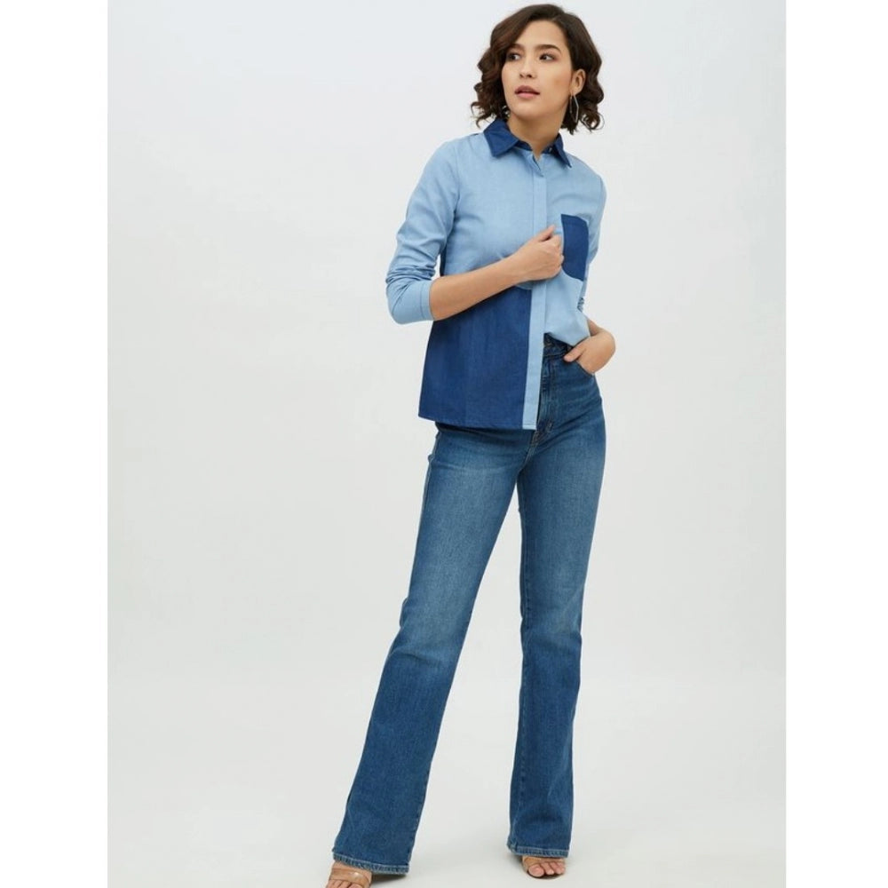 Clothiq Generic Denim Patch Work Long Sleeves Standard Length Shirt (Blue)