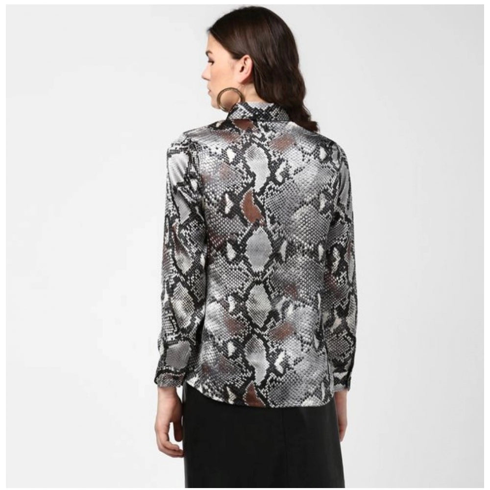 Clothiq Generic Satin Animal Print Long Sleeves Standard Length Shirt (Black - Grey)