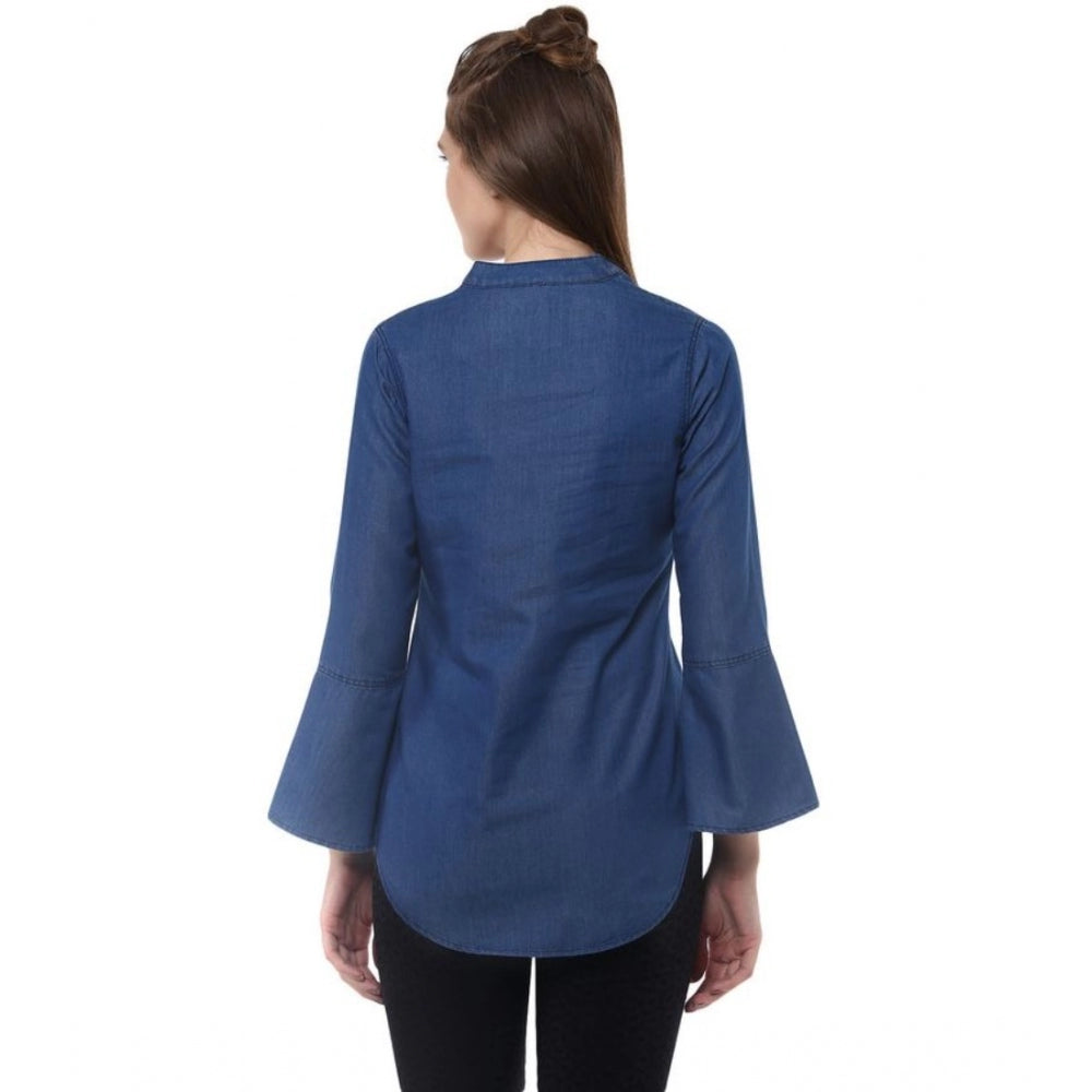 Clothiq Generic Denim Solid Bell Sleeve Regular Top (Blue Denim)