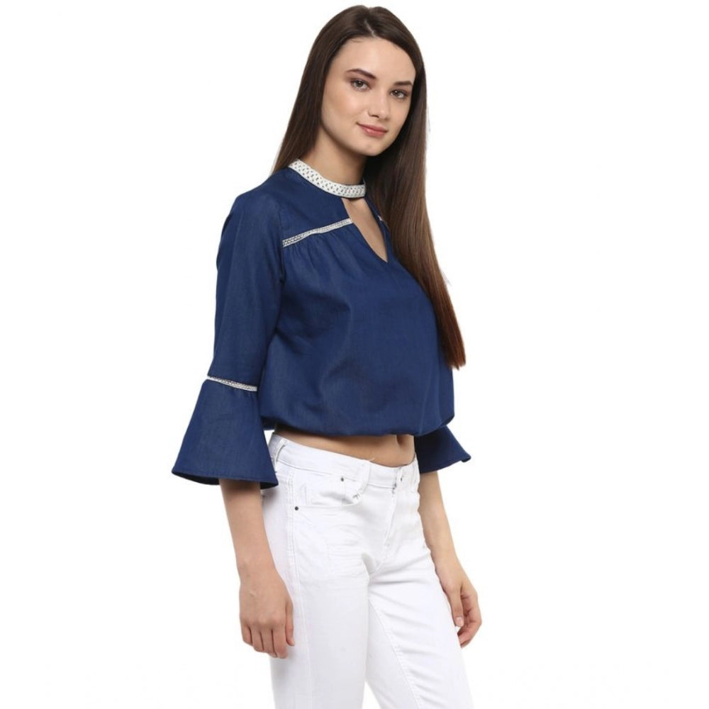 Clothiq Generic Polyester Solid Bell Sleeve Regular Top (Blue)