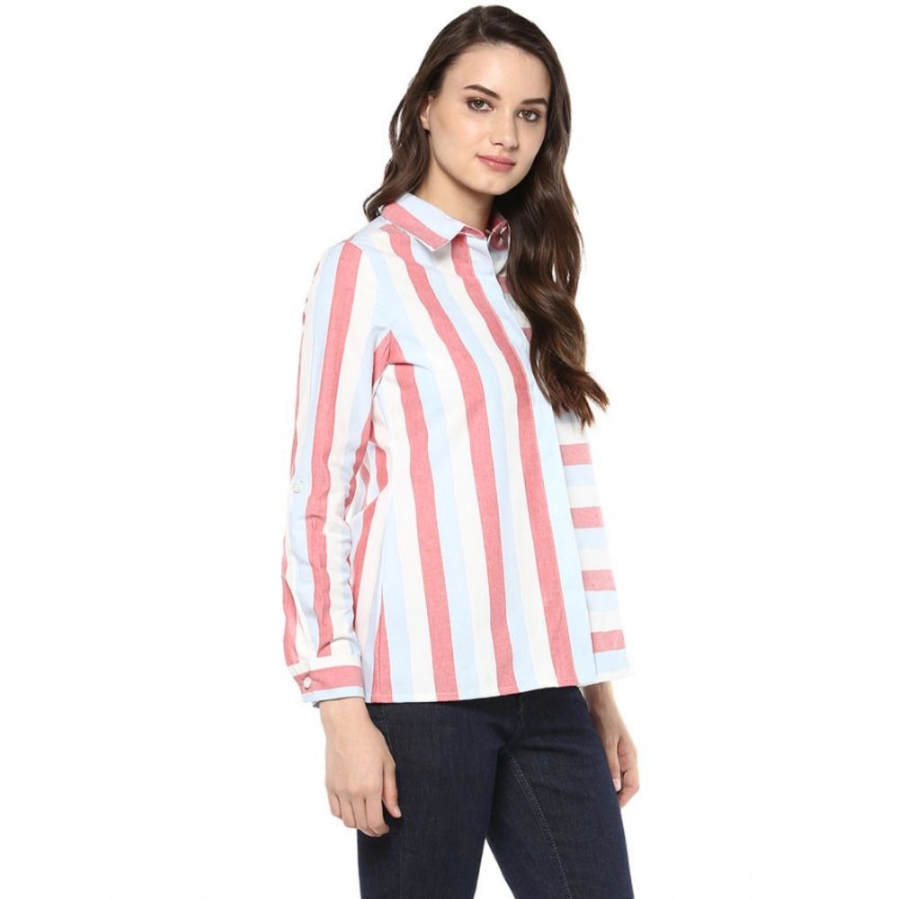 Clothiq Generic Cotton Striped Roll Up Sleeve Regular Top (Red)