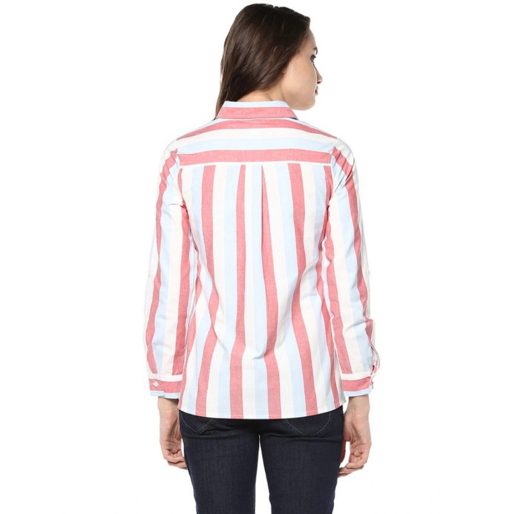 Clothiq Generic Cotton Striped Roll Up Sleeve Regular Top (Red)