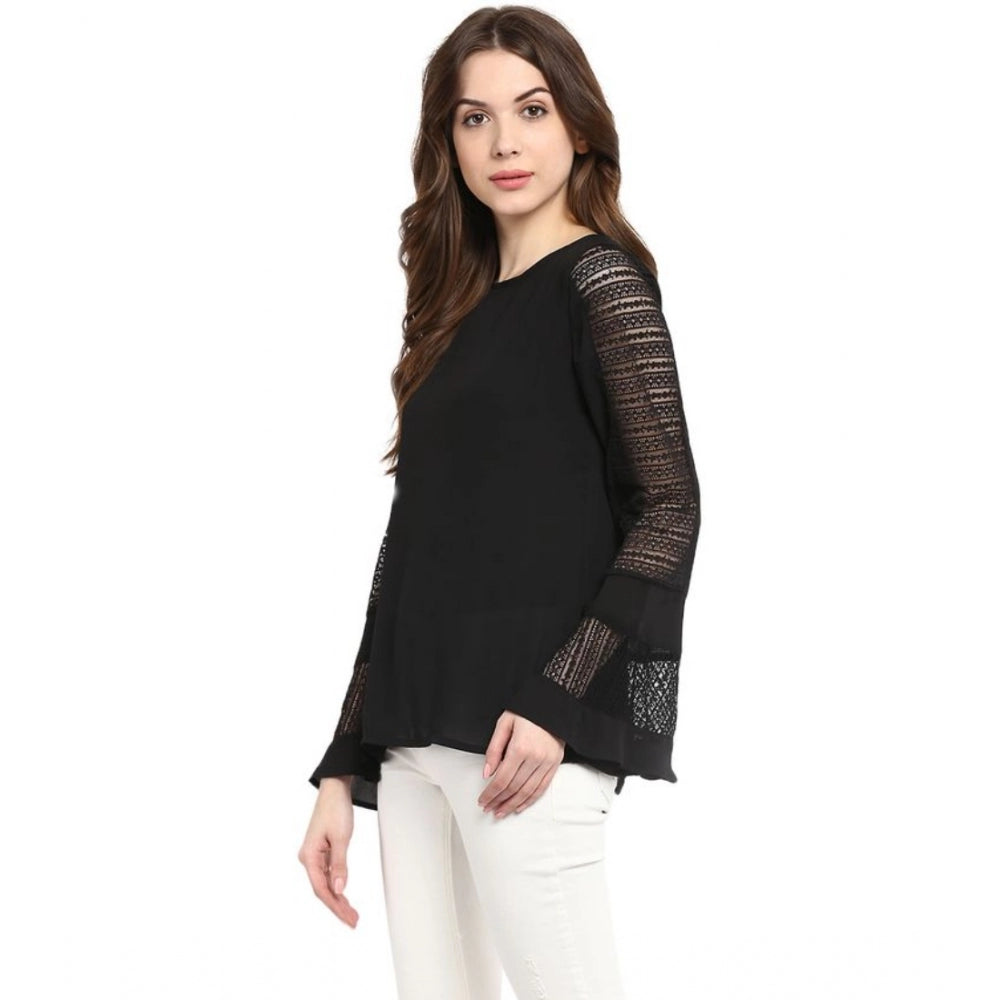 Clothiq Generic Polyester Georgette Self Design Bell Sleeve Regular Top (Black)
