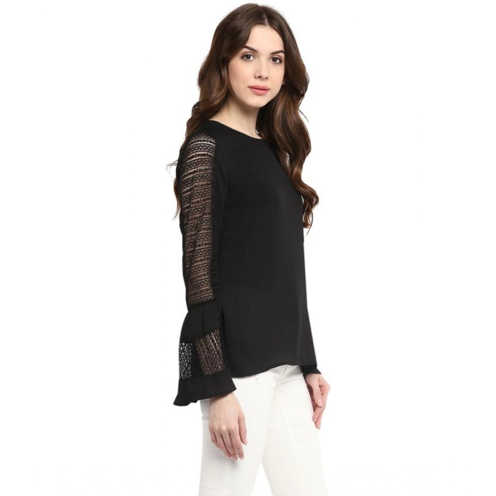 Clothiq Generic Polyester Georgette Self Design Bell Sleeve Regular Top (Black)