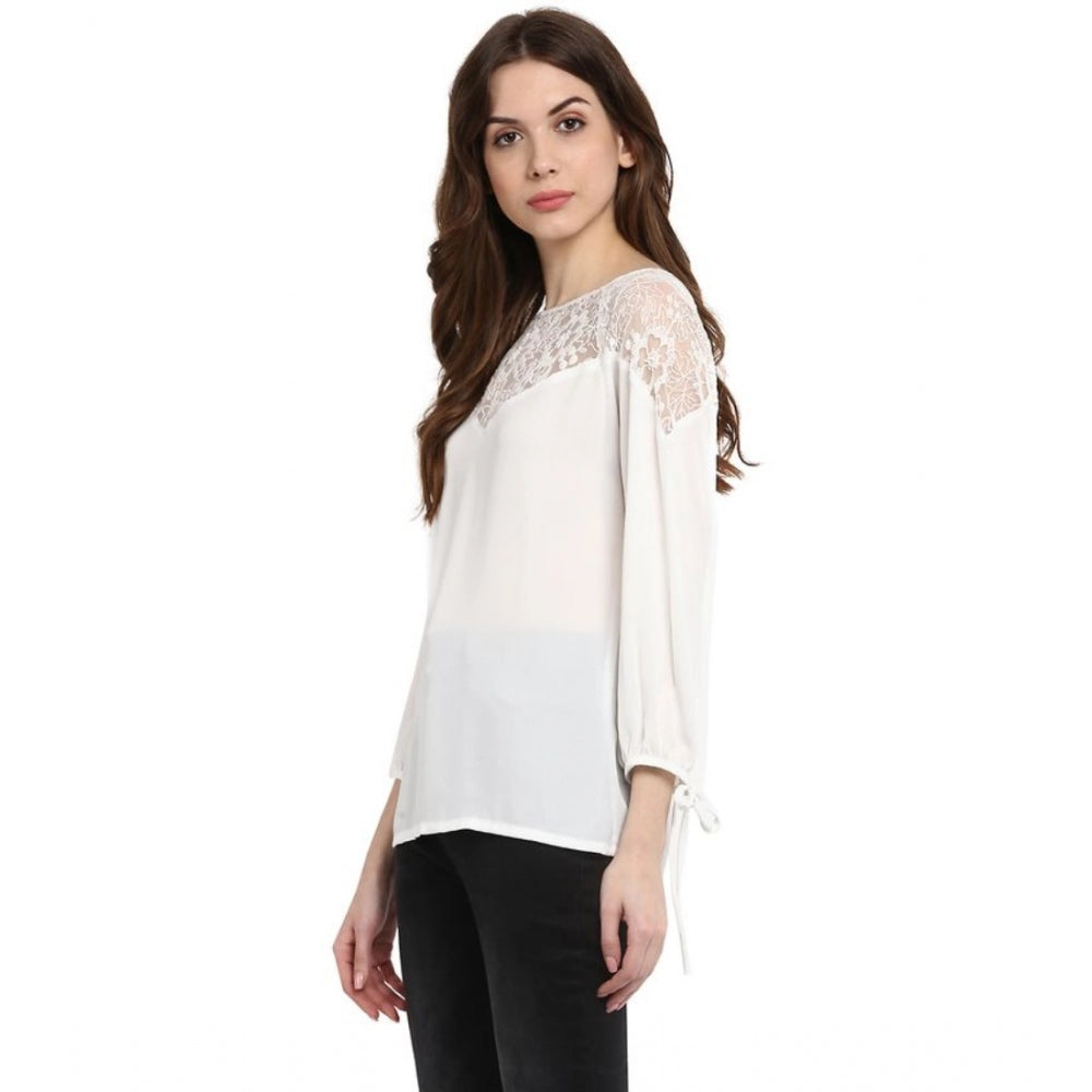 Clothiq Generic Polyester Georgette Self Design 3-4th Sleeves Regular Top (White)