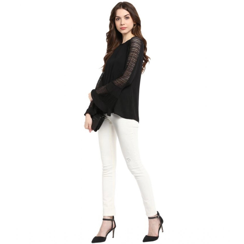 Clothiq Generic Polyester Georgette Self Design Bell Sleeve Regular Top (Black)