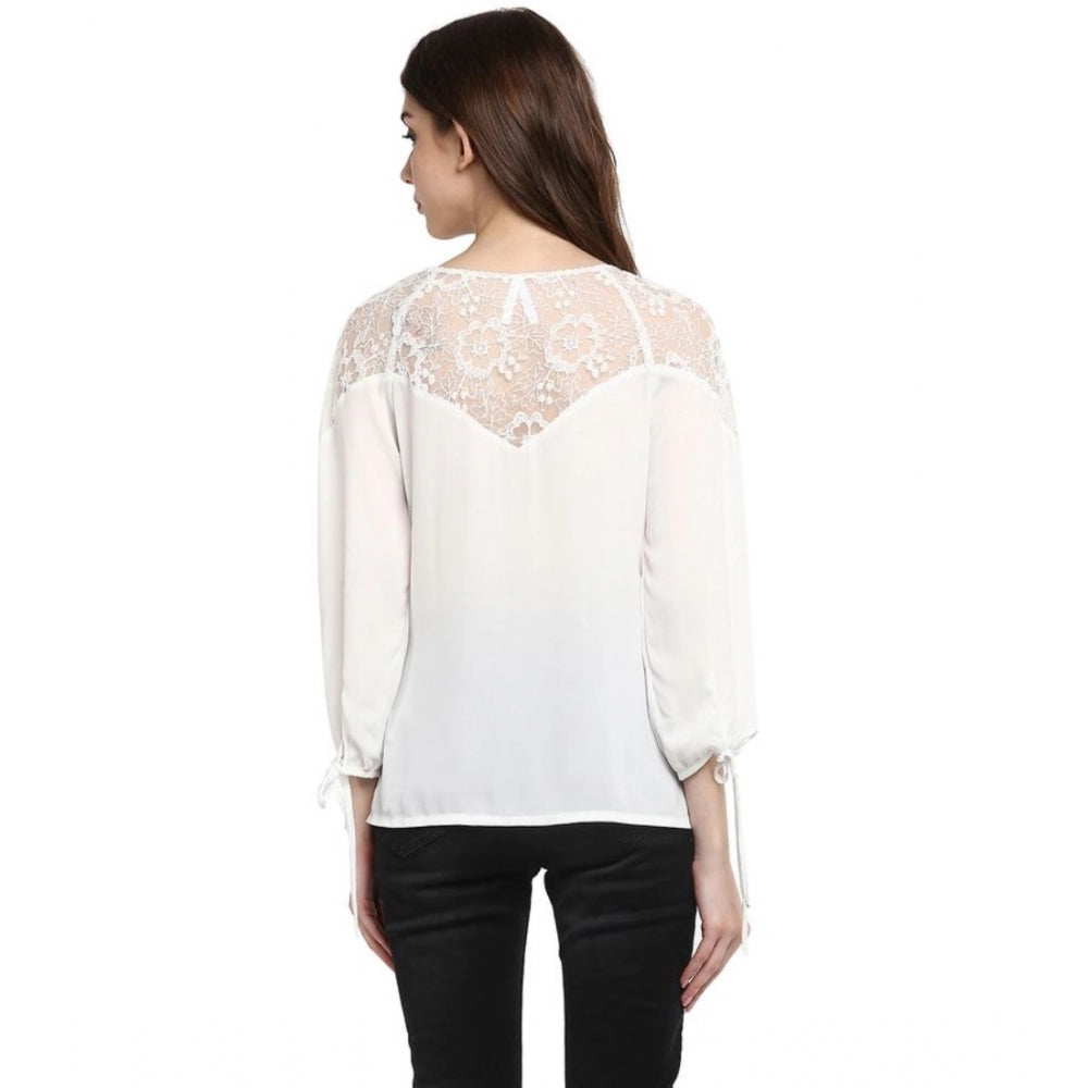 Clothiq Generic Polyester Georgette Self Design 3-4th Sleeves Regular Top (White)