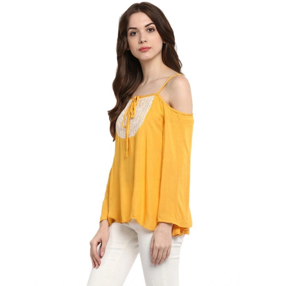 Clothiq Generic Rayon Embellished Cold Shoulder Regular Top (Mustard Yellow)