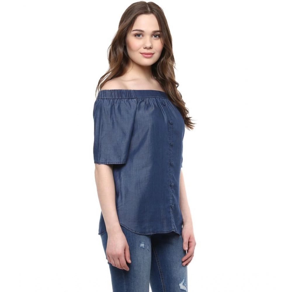 Clothiq Generic Denim Solid Short Sleeve Regular Top (Blue)
