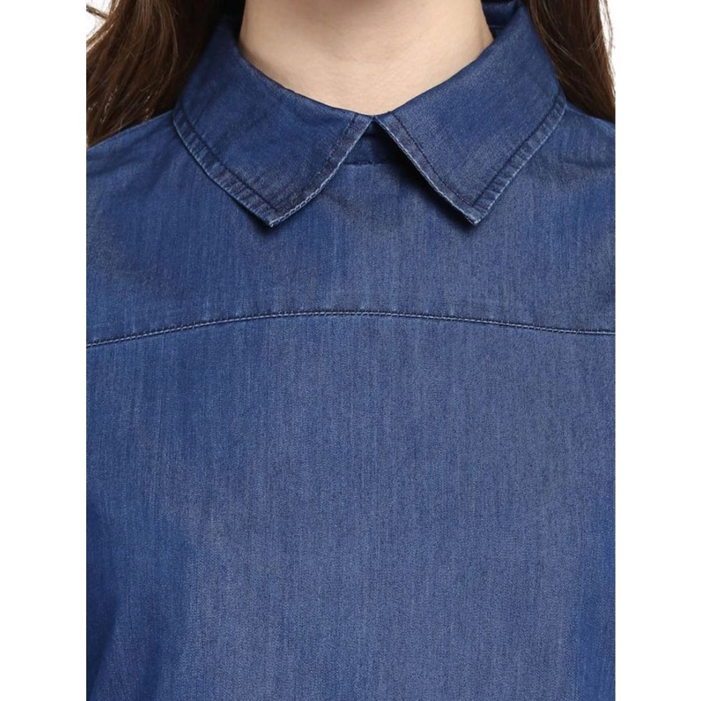 Clothiq Generic Denim Solid Cold Shoulder Regular Top (Blue)