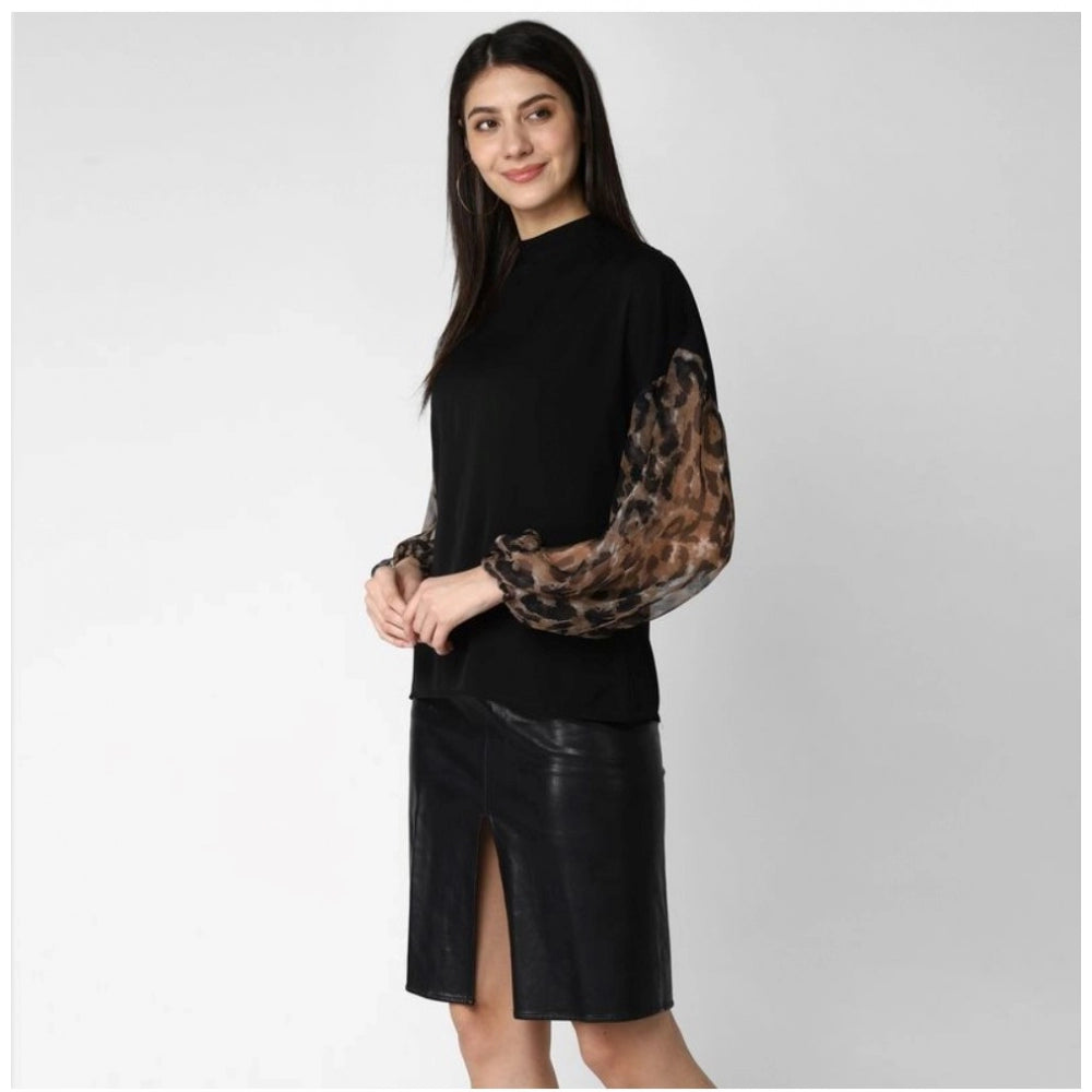 Clothiq Generic Polyester Animal Print Long Sleeves Top (Black)