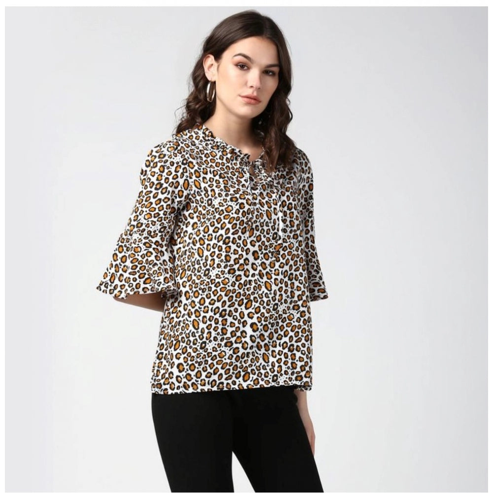 Clothiq Generic Polyester Animal Print Bell Sleeve Top (Orange - Black)