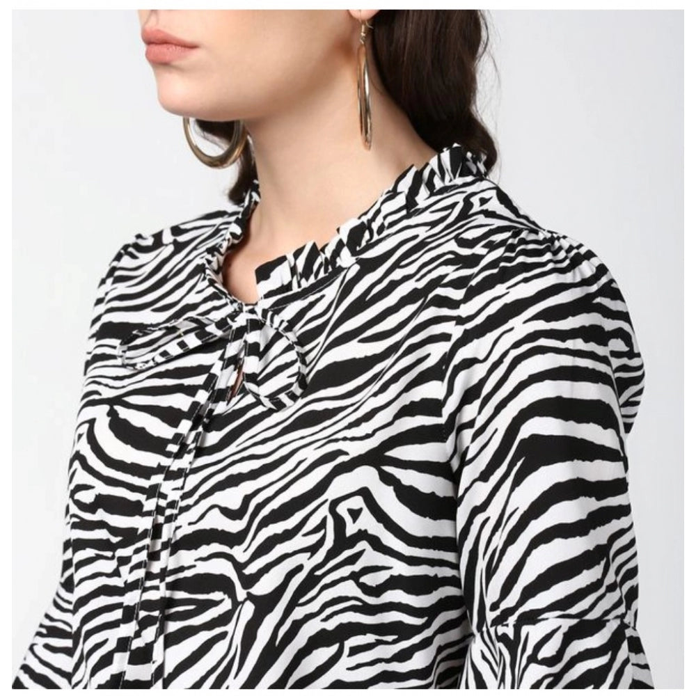 Clothiq Generic Polyester Animal Print Bell Sleeve Top (Black - White)