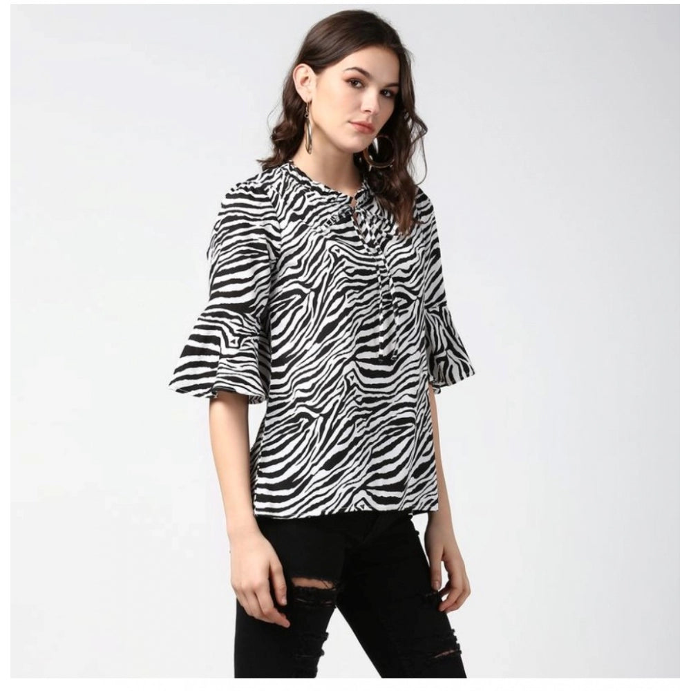 Clothiq Generic Polyester Animal Print Bell Sleeve Top (Black - White)