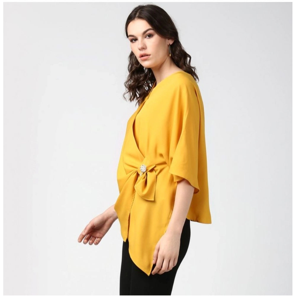 Clothiq Generic Polyester Solid Cape Sleeve Top (Yellow)