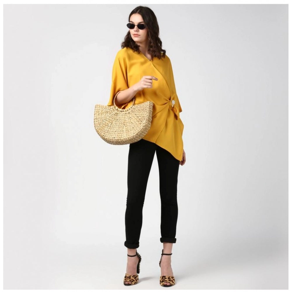 Clothiq Generic Polyester Solid Cape Sleeve Top (Yellow)
