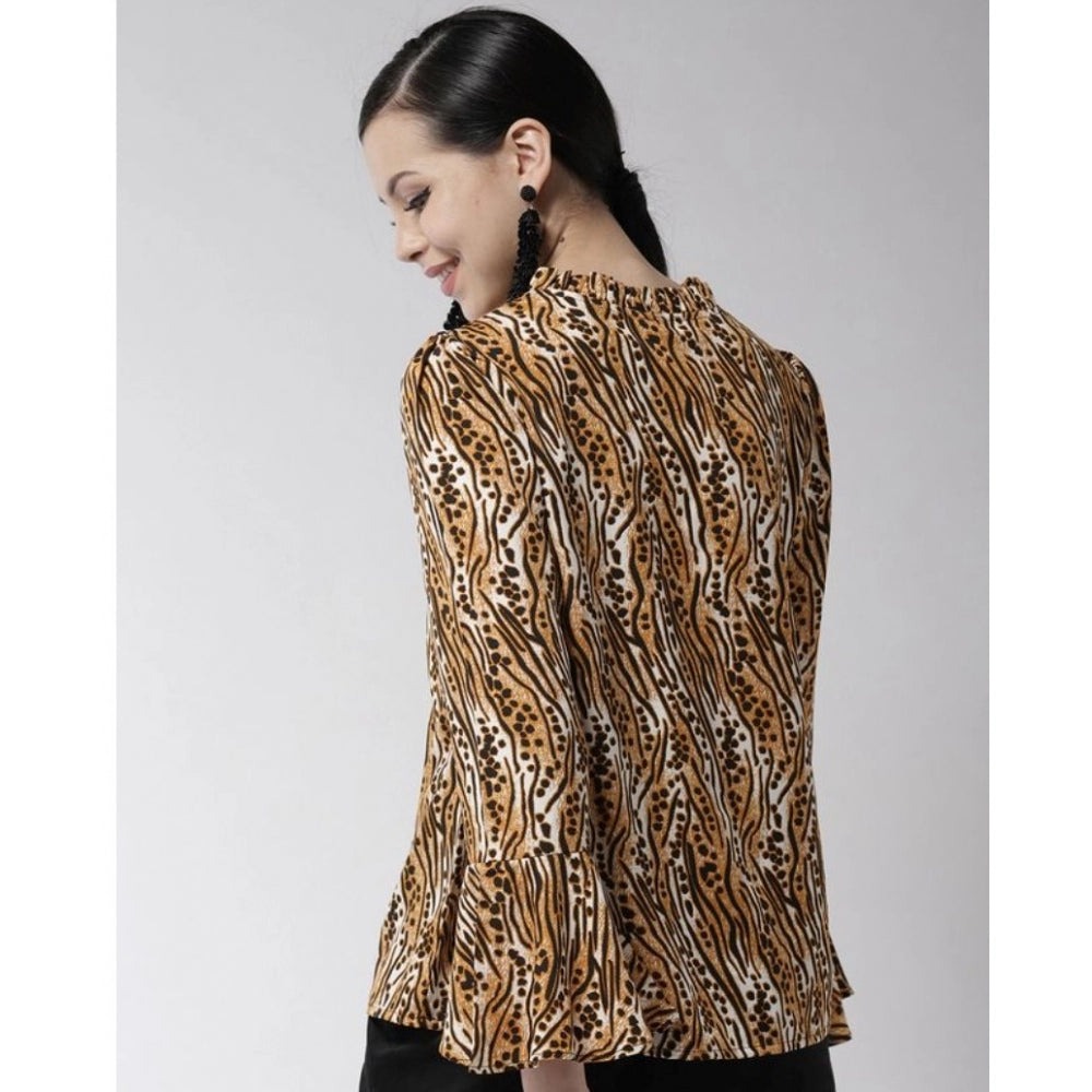 Clothiq Generic Polyester Printed Bell Sleeve Top (Orange - Black)