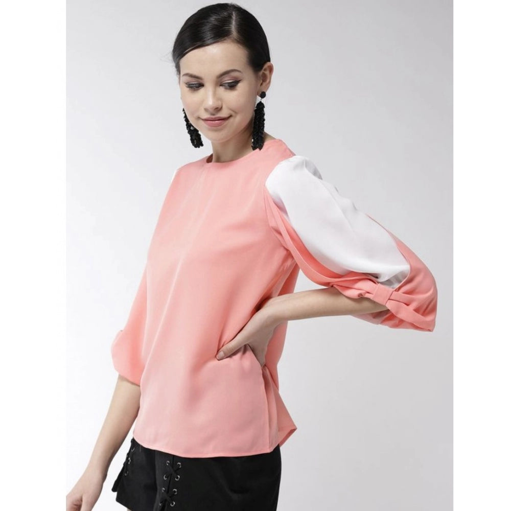 Clothiq Generic Polyester Colour Block Slit Sleeve Top (Pink)