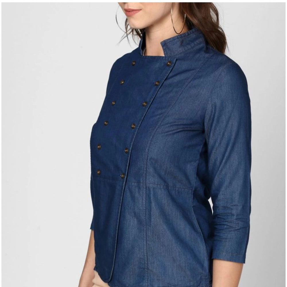 Clothiq Generic Denim Solid 3-4th Sleeves Top (Blue)