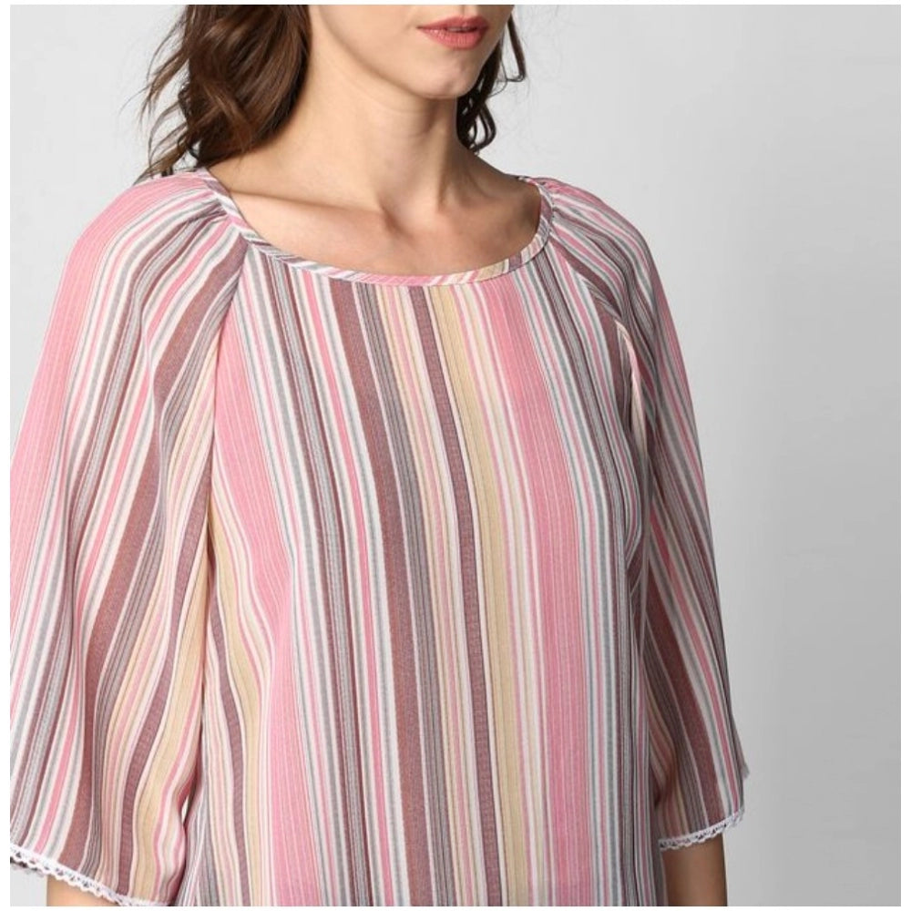 Clothiq Generic Polyester Striped 3-4th Sleeves Top (Pink)