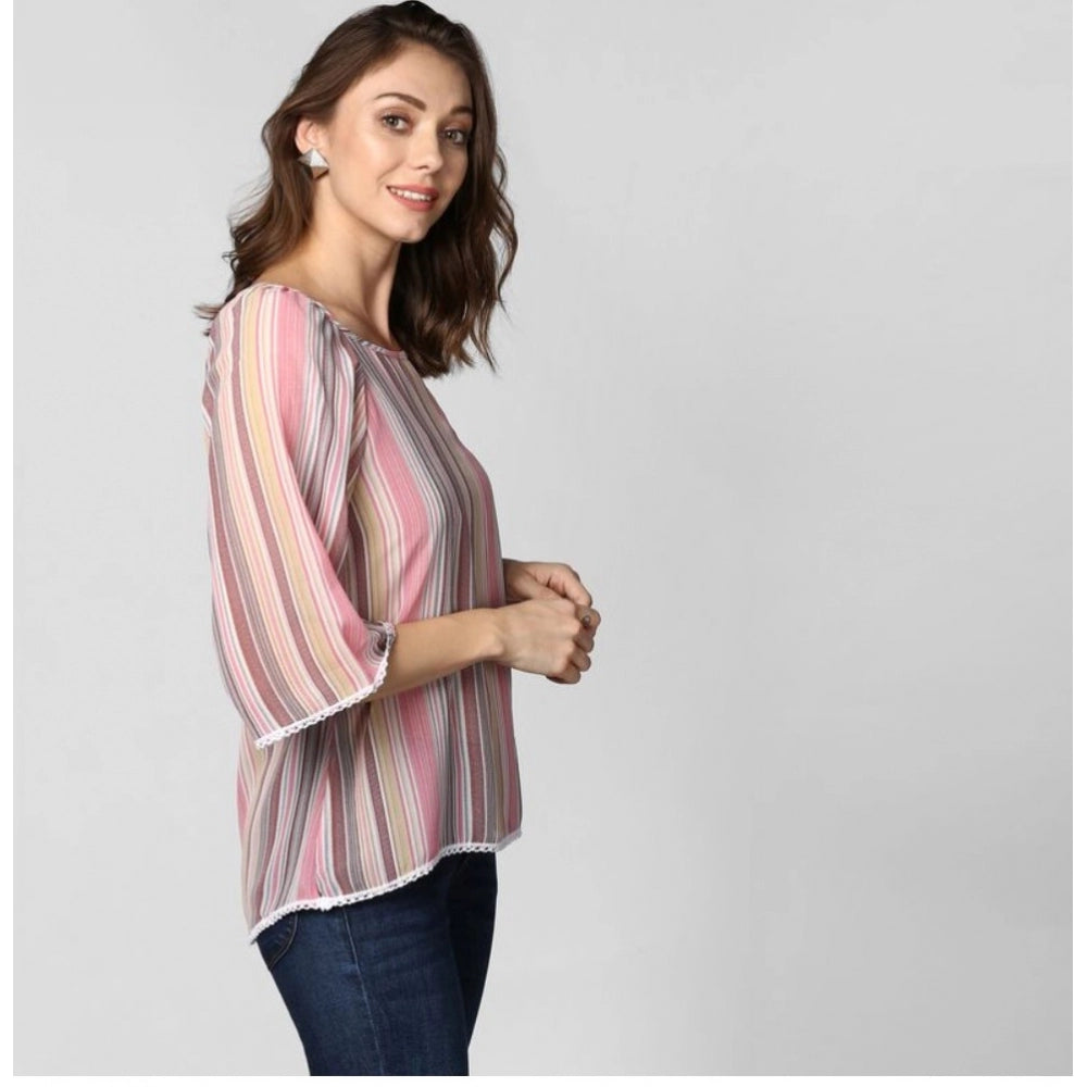 Clothiq Generic Polyester Striped 3-4th Sleeves Top (Pink)