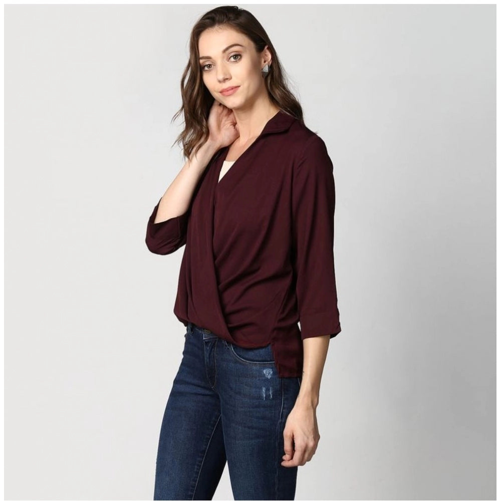 Clothiq Generic Polyester Solid 3-4th Sleeves Top (Maroon)