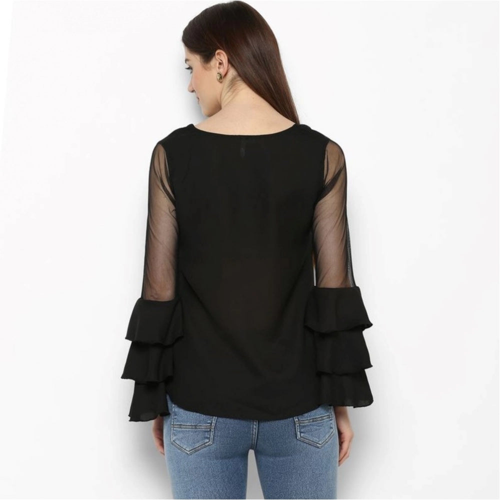 Clothiq Generic Polyester Solid Tier Sleeve Top (Black)