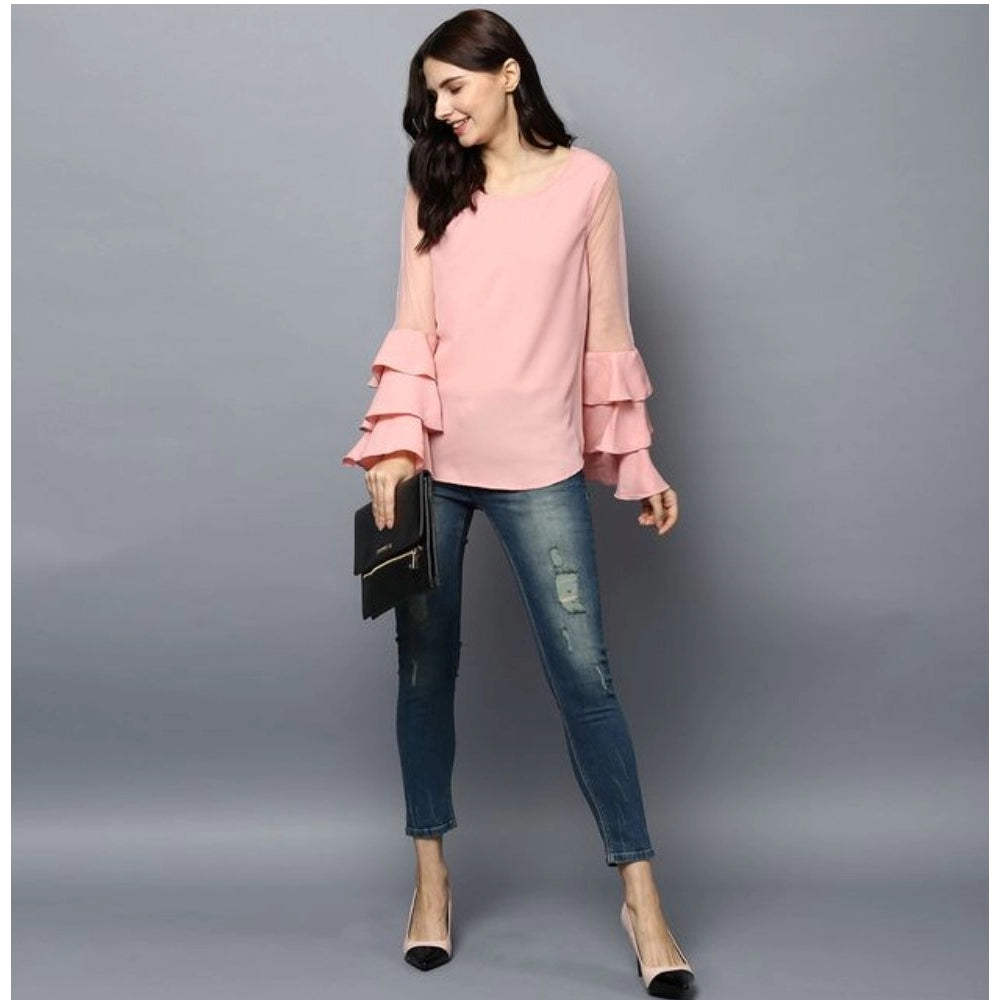 Clothiq Generic Polyester Solid Tier Sleeve Top (Pink)