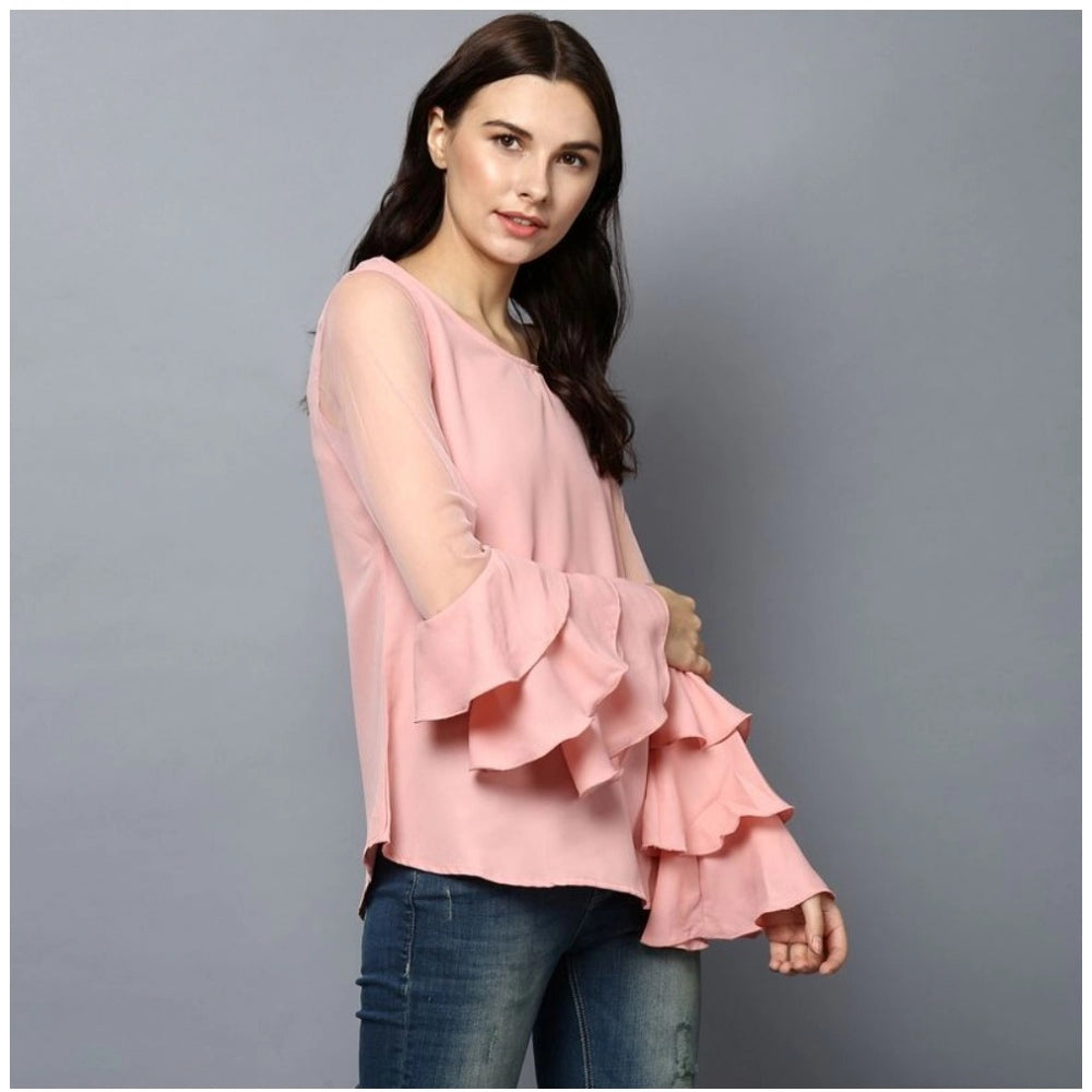 Clothiq Generic Polyester Solid Tier Sleeve Top (Pink)