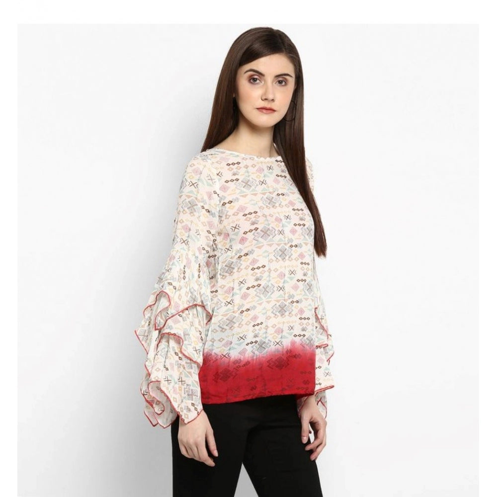 Clothiq Generic Rayon Crepe Printed Ruffle Sleeve Top (Off White - Red)