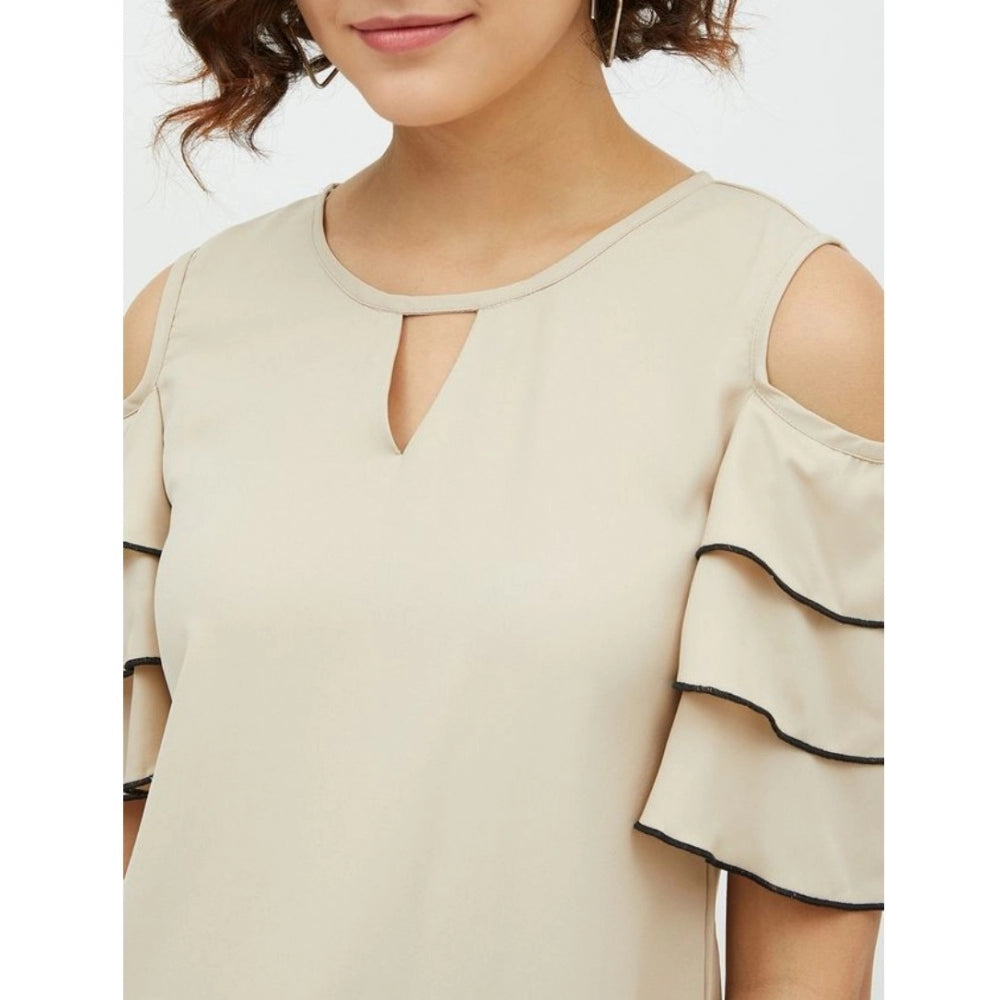 Clothiq Generic Polyester Tiered Cold Shoulder Top (Beige)