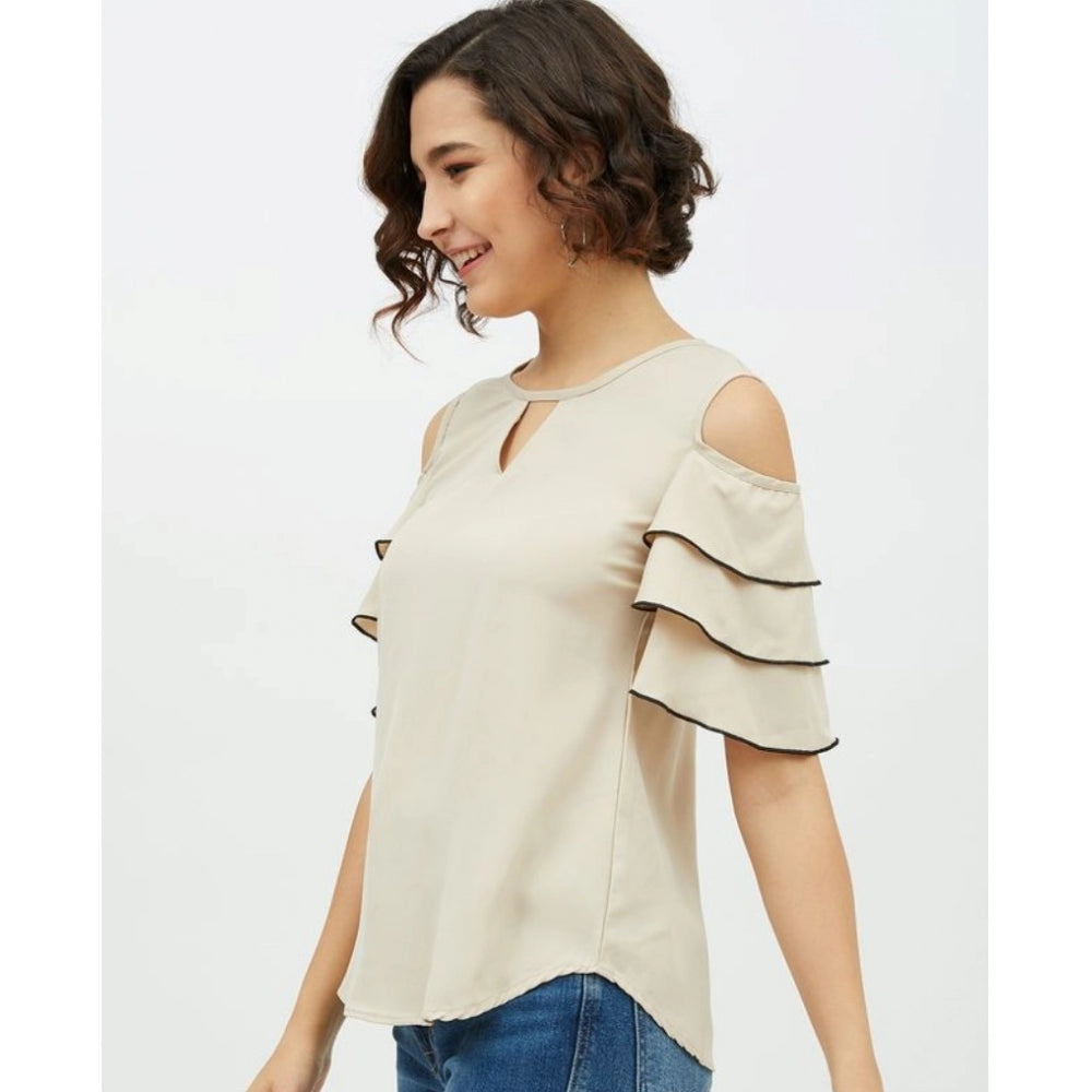 Clothiq Generic Polyester Tiered Cold Shoulder Top (Beige)