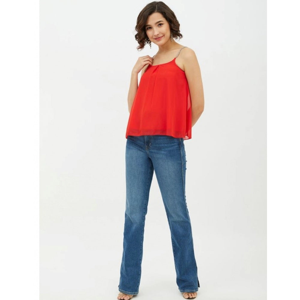 Clothiq Generic Polyester Embellished Shoulder Straps Top (Red)