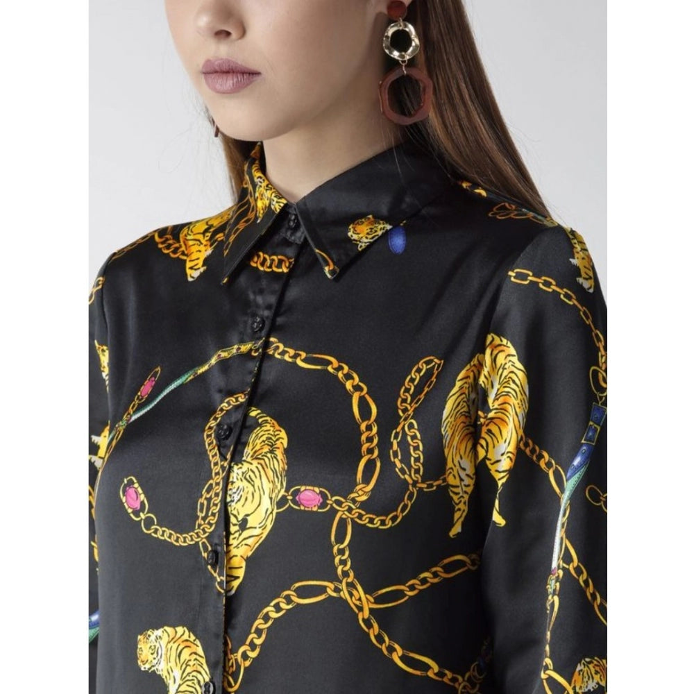 Clothiq Generic Satin Printed Long Sleeves Standard Length Shirt (Black - Gold)