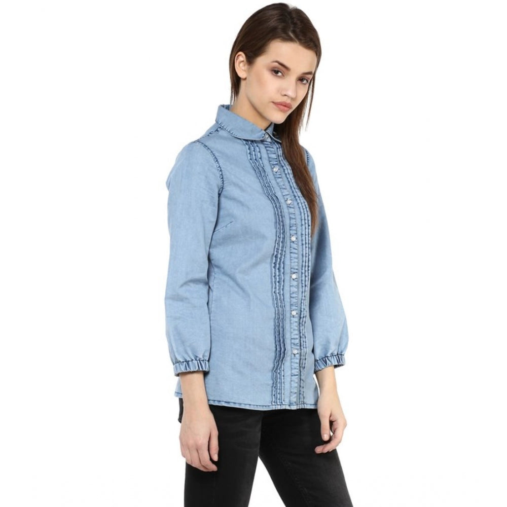 Clothiq Generic Denim Solid 3-4th Sleeves Standard Length Shirt (Blue)