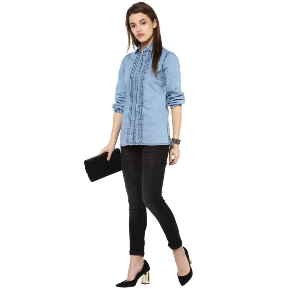 Clothiq Generic Denim Solid 3-4th Sleeves Standard Length Shirt (Blue)