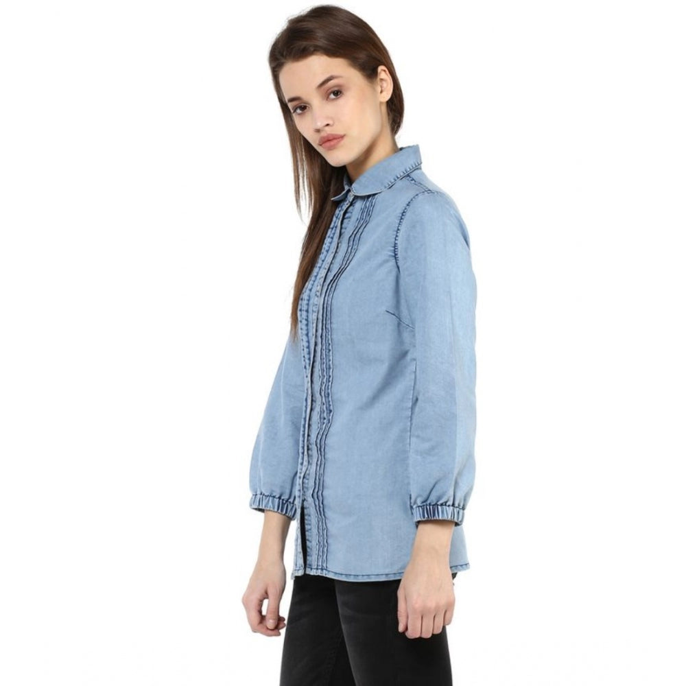 Clothiq Generic Denim Solid 3-4th Sleeves Standard Length Shirt (Blue)