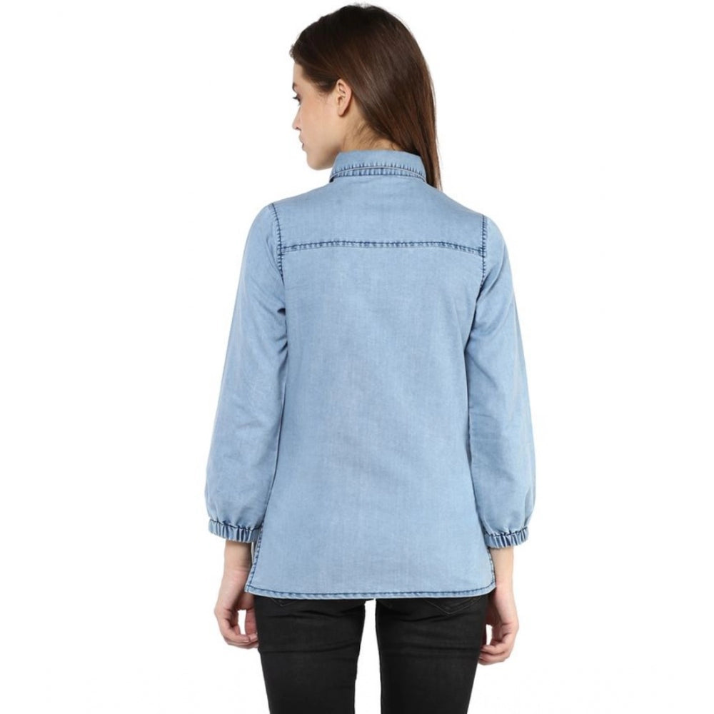 Clothiq Generic Denim Solid 3-4th Sleeves Standard Length Shirt (Blue)