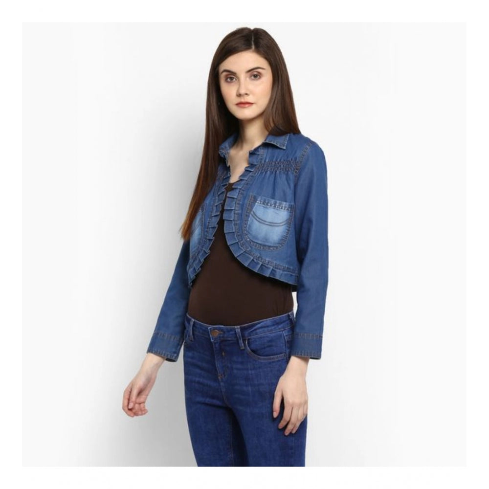 Clothiq Generic Denim Pleated 3-4th Sleeves Shrug (Blue)