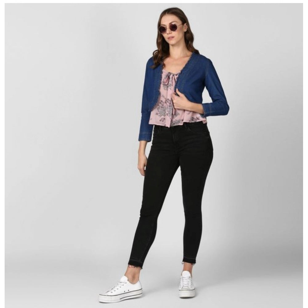 Clothiq Generic Denim Ruffled Long Sleeves Shrug (Navy Blue)