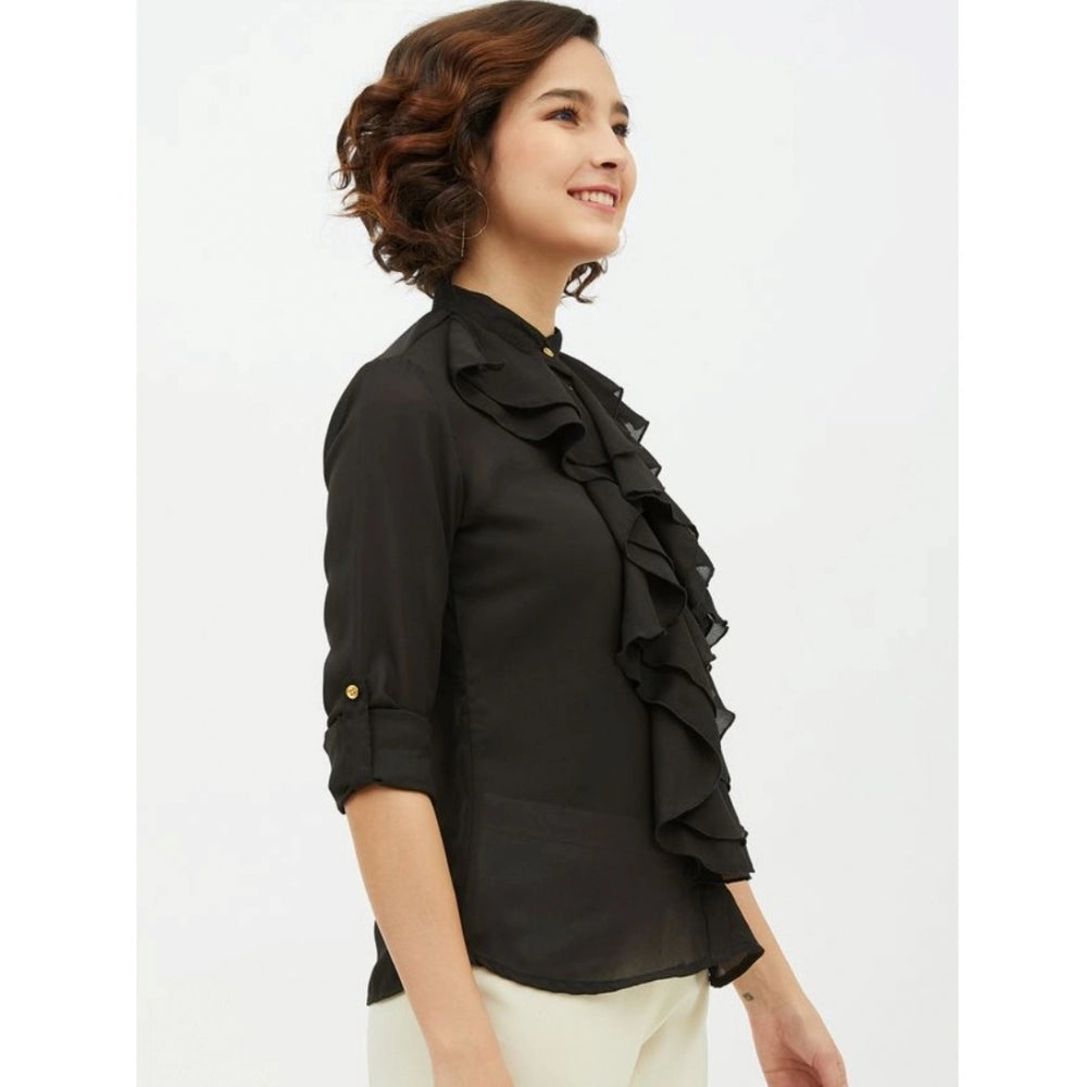 Clothiq Generic Polyester Ruffled Long Sleeves Standard Length Shirt (Black)