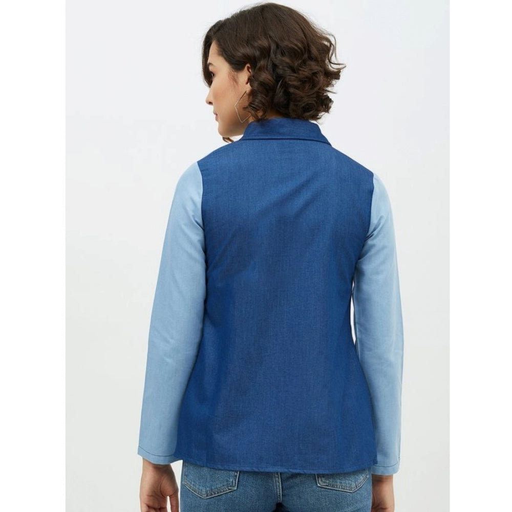 Clothiq Generic Denim Patch Work Long Sleeves Standard Length Shirt (Blue)