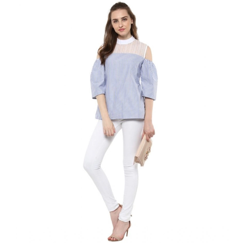 Clothiq Generic Cotton Striped Cold Shoulder Top (Blue)