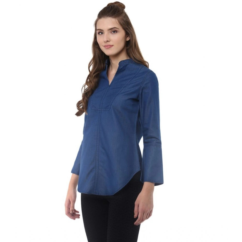 Clothiq Generic Denim Solid Bell Sleeve Regular Top (Blue Denim)