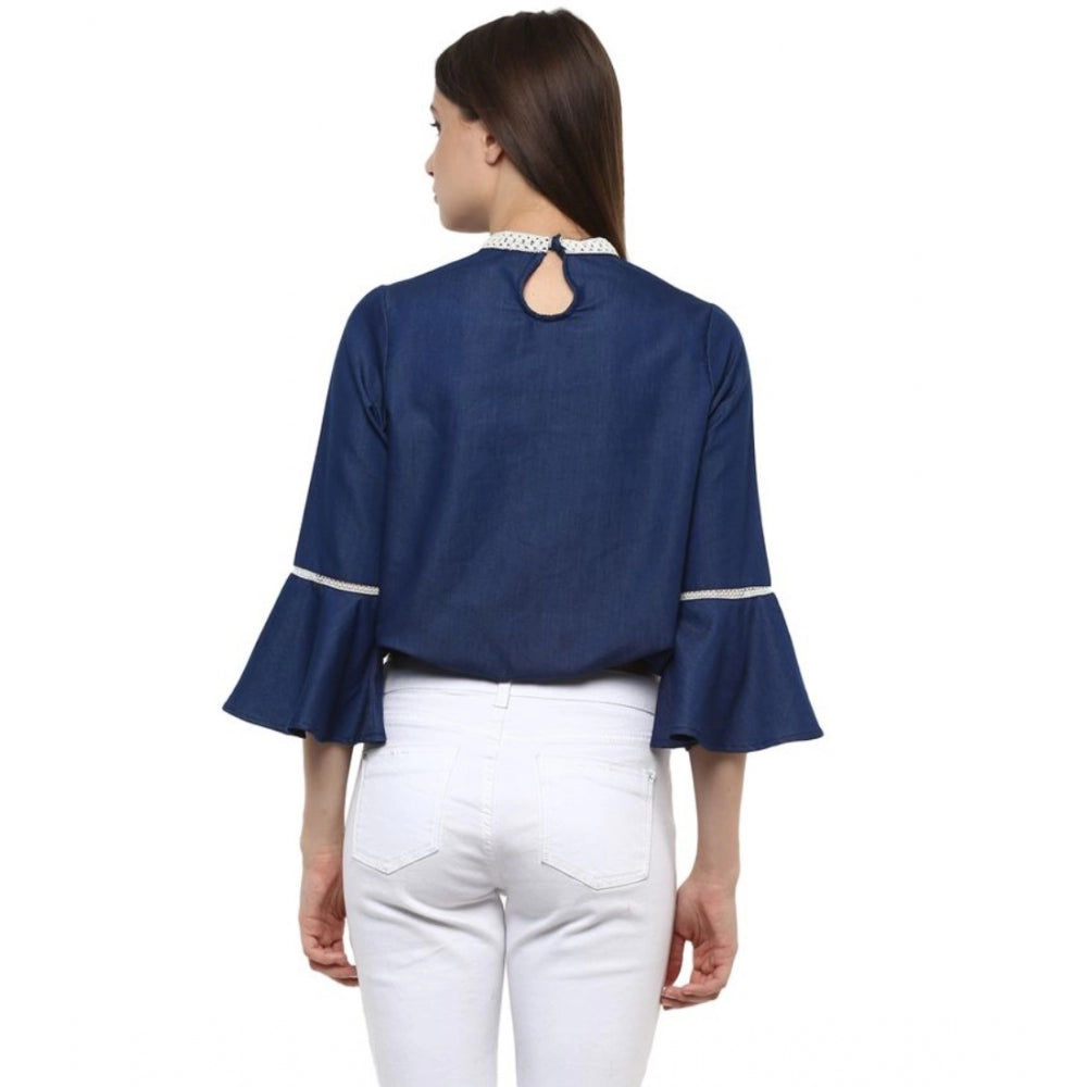 Clothiq Generic Polyester Solid Bell Sleeve Regular Top (Blue)