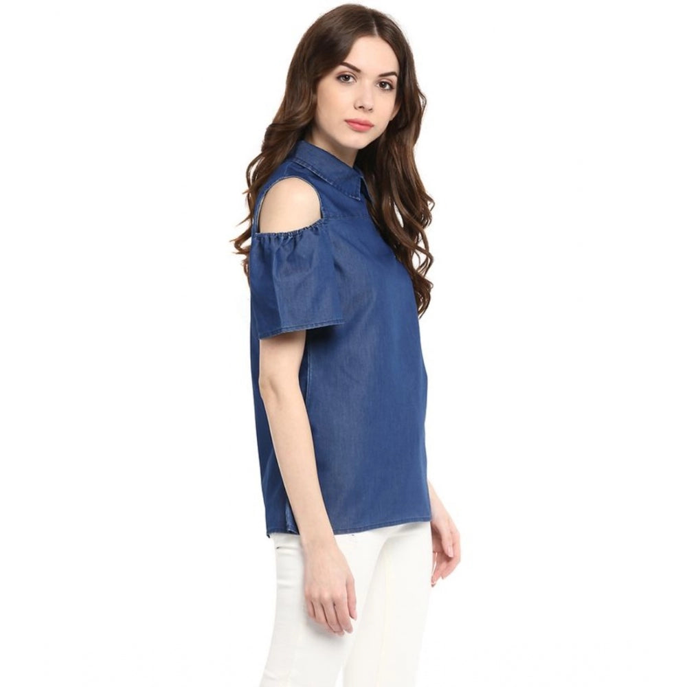 Clothiq Generic Denim Solid Cold Shoulder Regular Top (Blue)