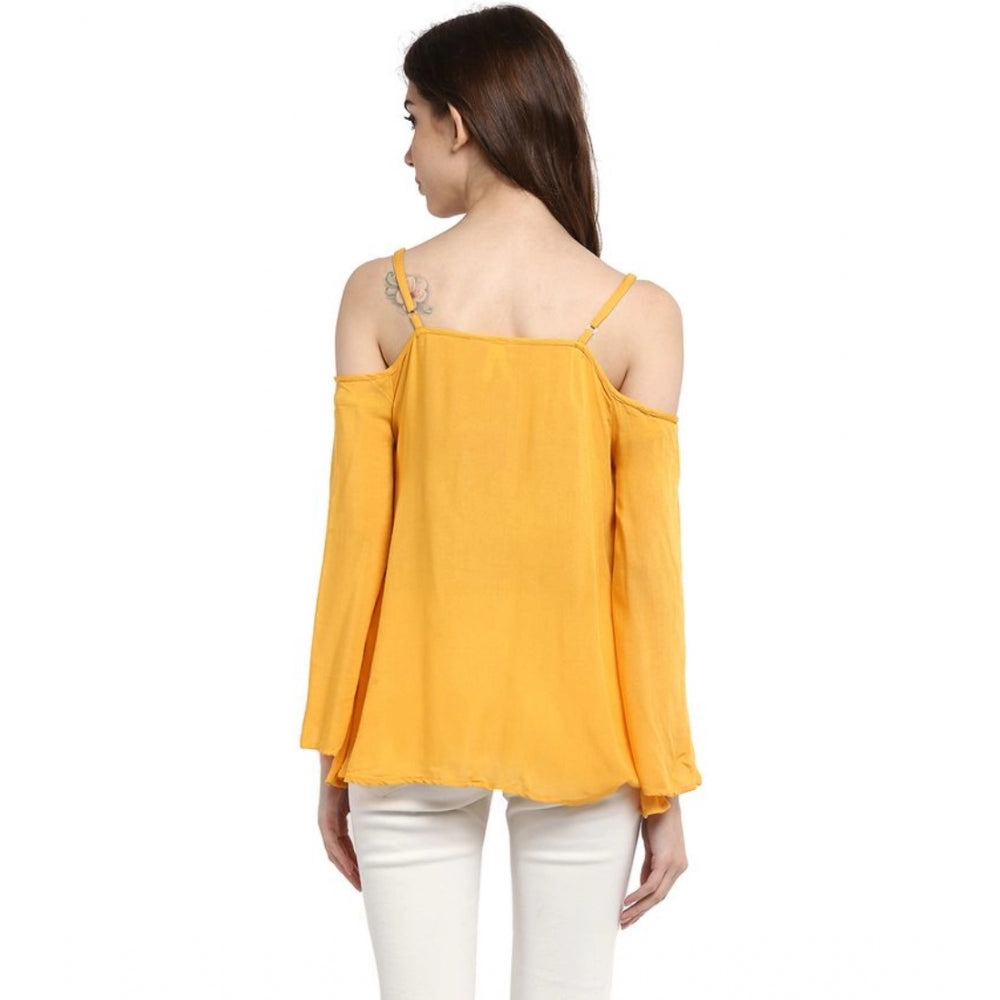 Clothiq Generic Rayon Embellished Cold Shoulder Regular Top (Mustard Yellow)