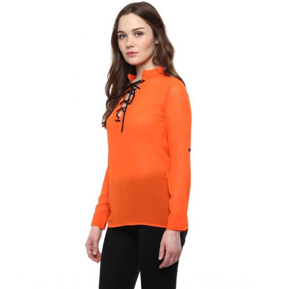 Clothiq Generic Polyester Solid Long Sleeves Regular Top (Orange)