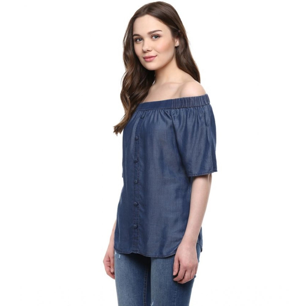 Clothiq Generic Denim Solid Short Sleeve Regular Top (Blue)